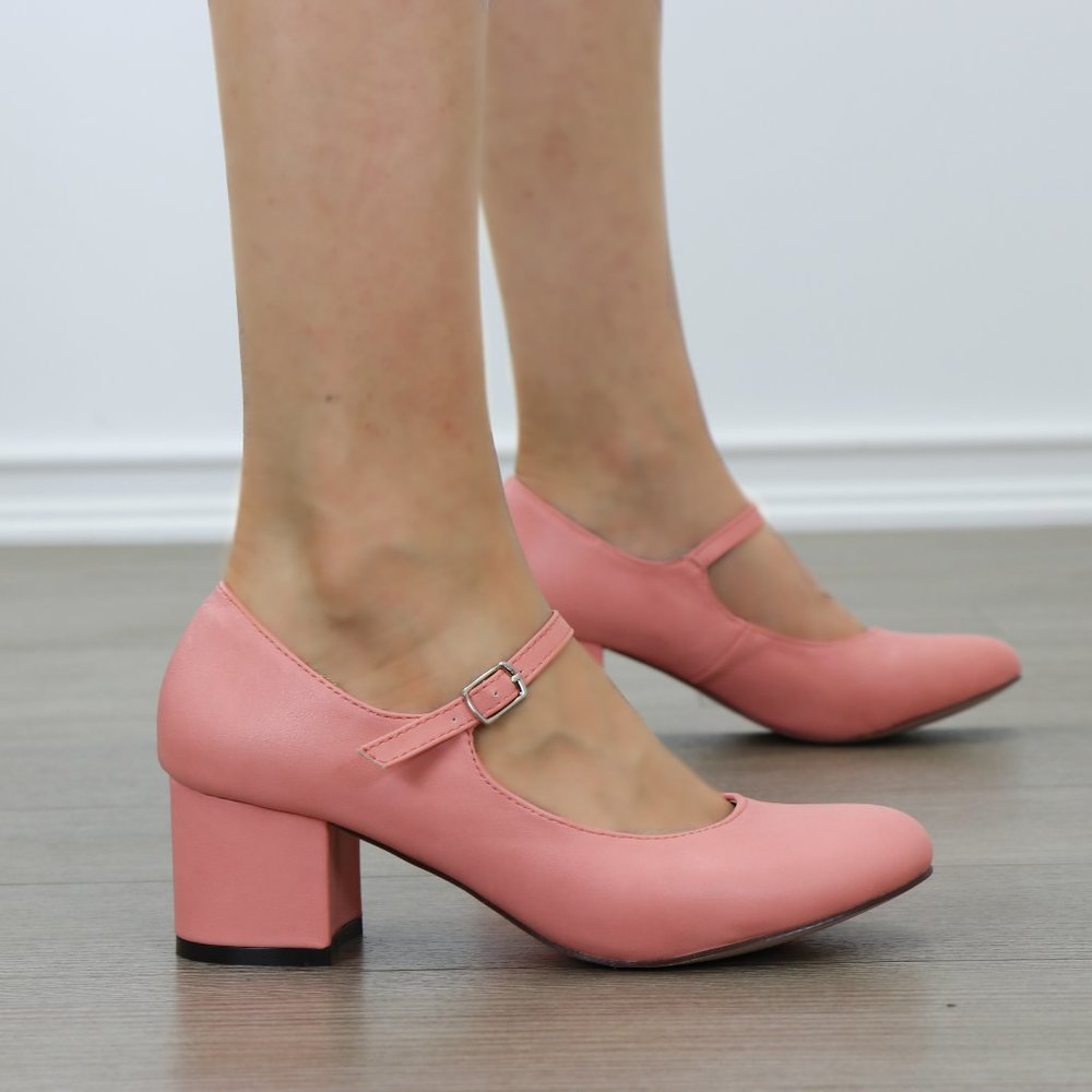 Block Heel Vintage Peach Rockabilly Style Pumps - Picture 2 of 7